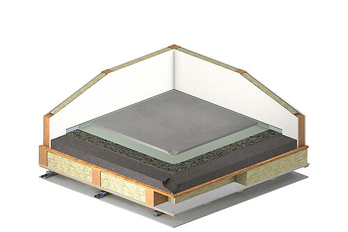 REGUPOL comfort 12 und Glascofloor unter Renoscreed auf Holzbalkendecke mit abgehängter Unterdecke